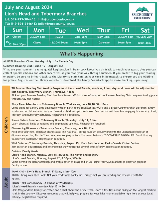 Bruce County Public Library July And August Lion's Head And Tobermory Calendar