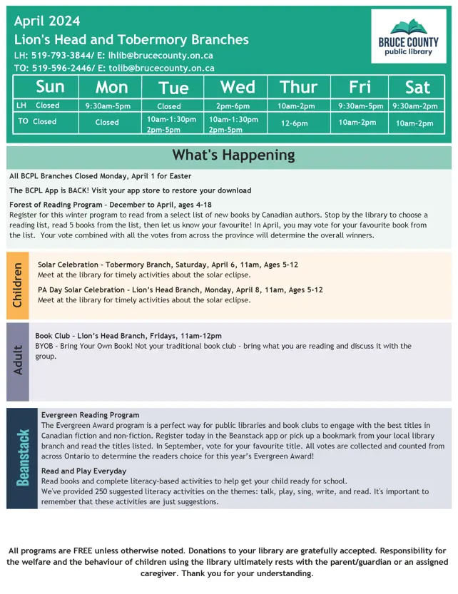 Bruce County Public Library April Schedule