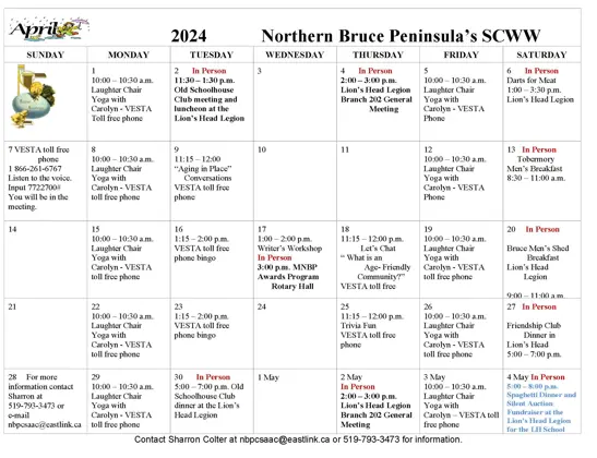 Grey Bruce Seniors Centre without walls April calendar