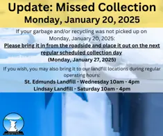 Notice of missed garbage collection. Place garbage out on January 27, 2025.