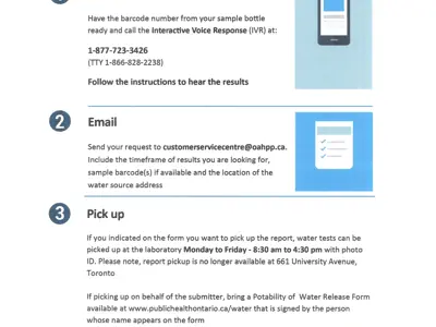 get water test results through phone at 1-877-723-3426, email or pick up.