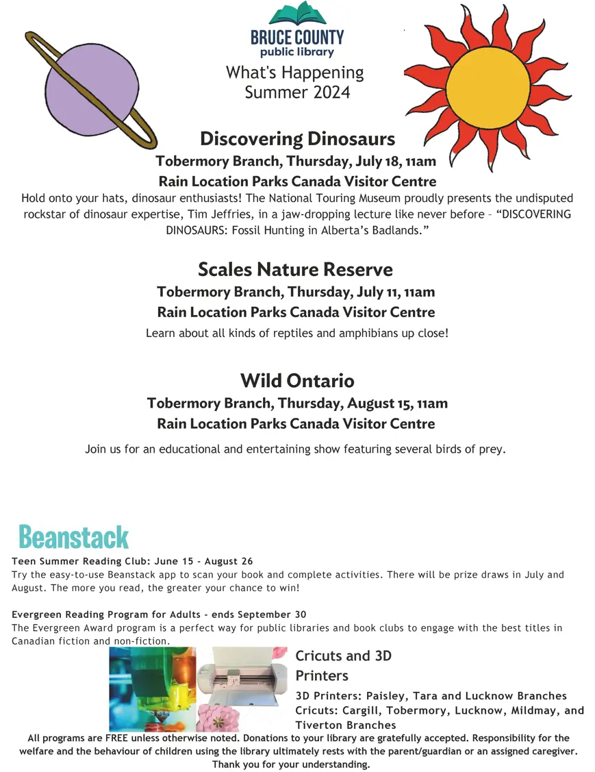 Bruce County Public Library July And August Lion's Head And Tobermory Calendar