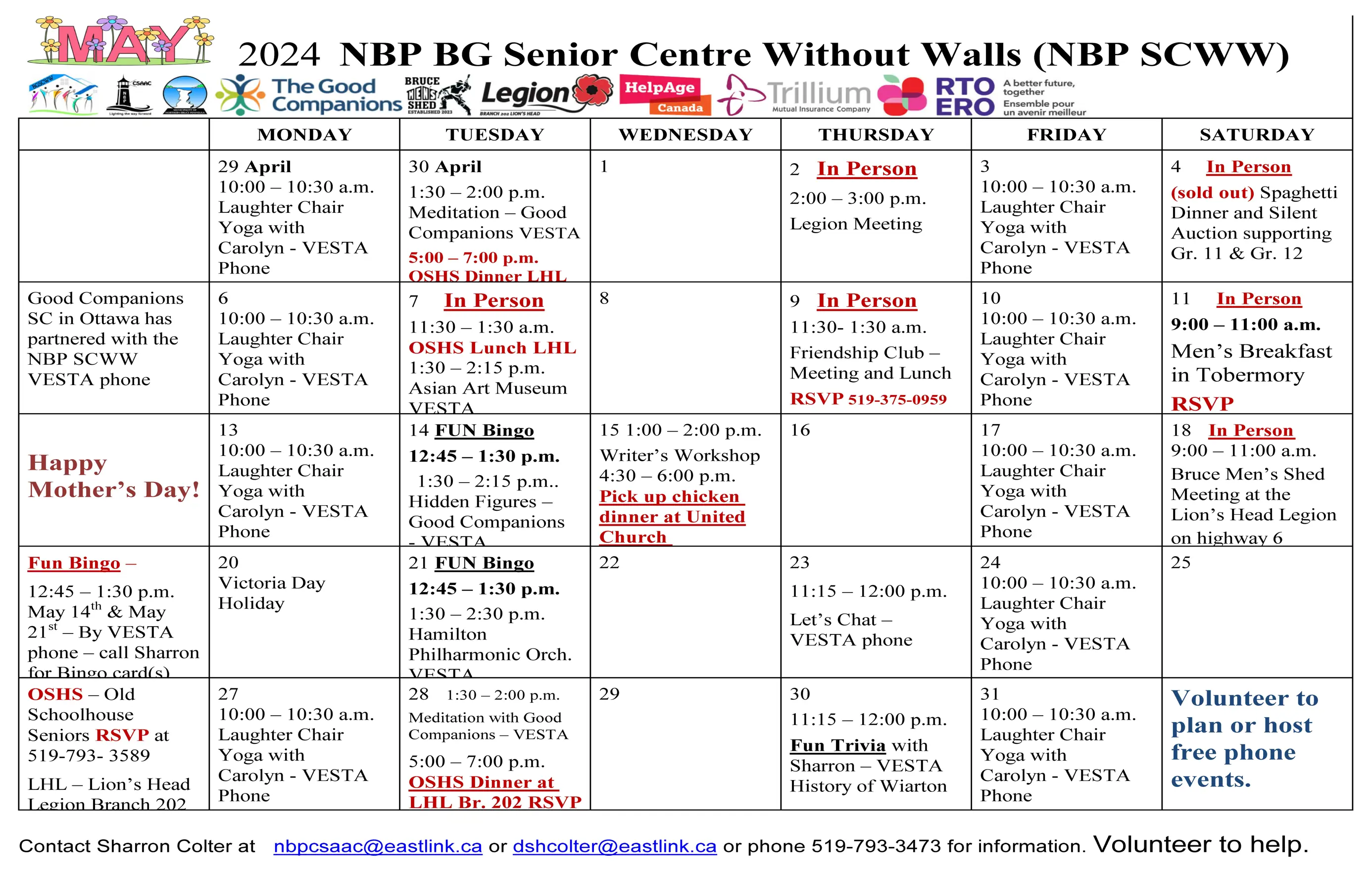 Grey Bruce Seniors Centre without walls May calendar